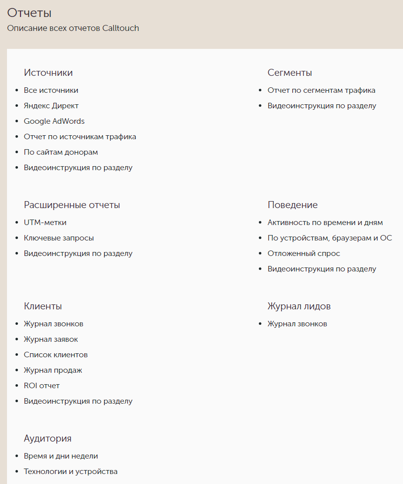 Отчеты в сервисе Calltouch Отчеты в сервисе Calltouch