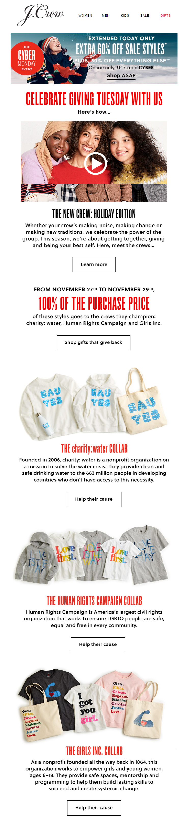 A Giving Tuesday email from J.Crew’s online store A Giving Tuesday email from J.Crew’s online store