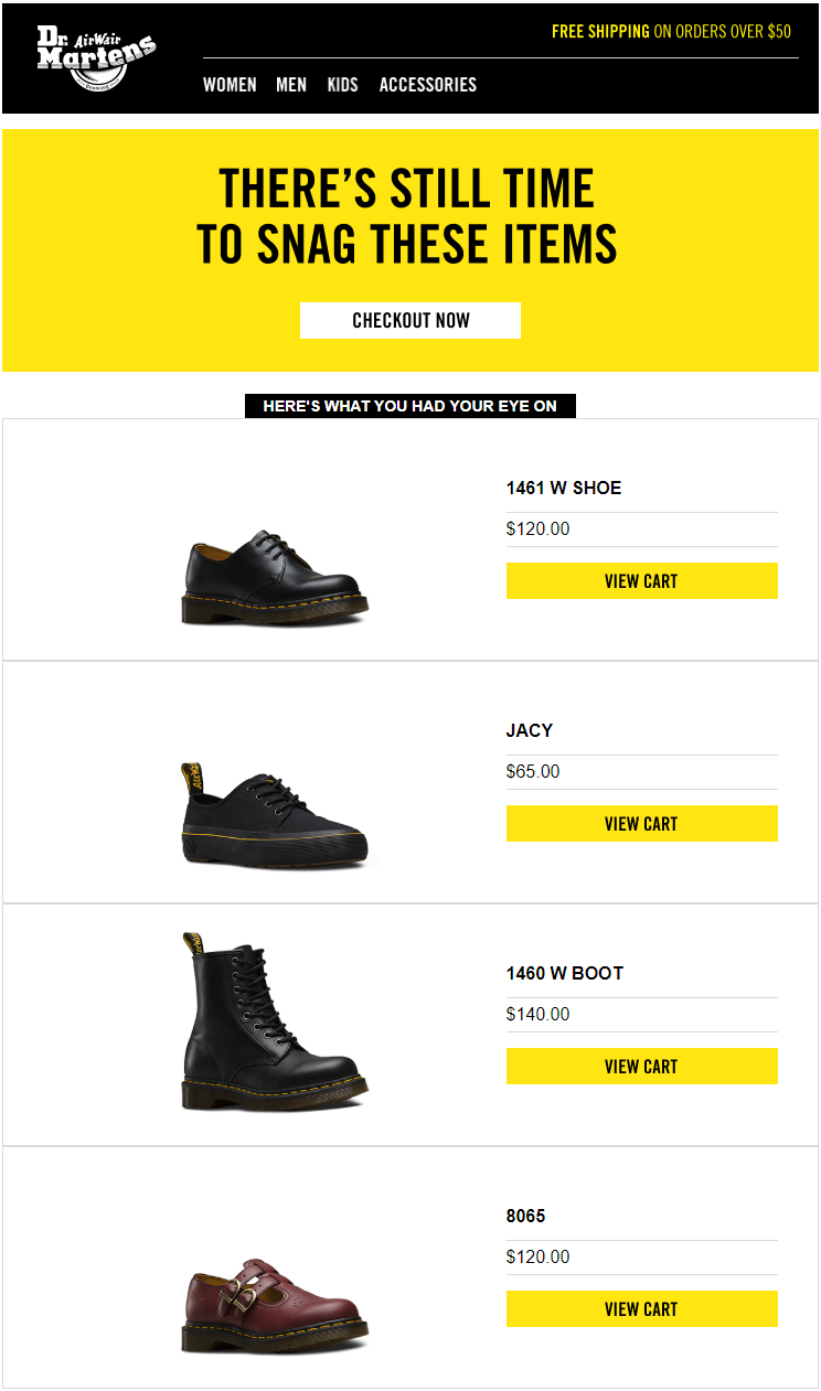 An abandoned cart email from Dr. Martens featuring multiple CTA buttons An abandoned cart email from Dr. Martens featuring multiple CTA buttons