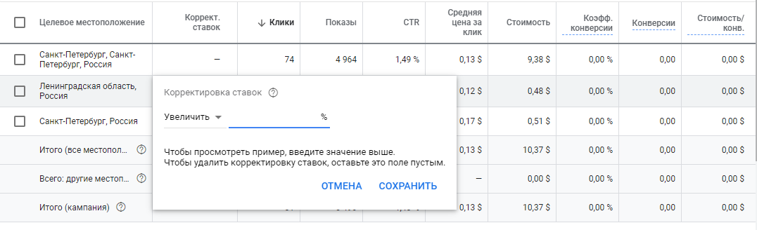 Увеличение ставки по региону в Google Ads Увеличение ставки по региону в Google Ads