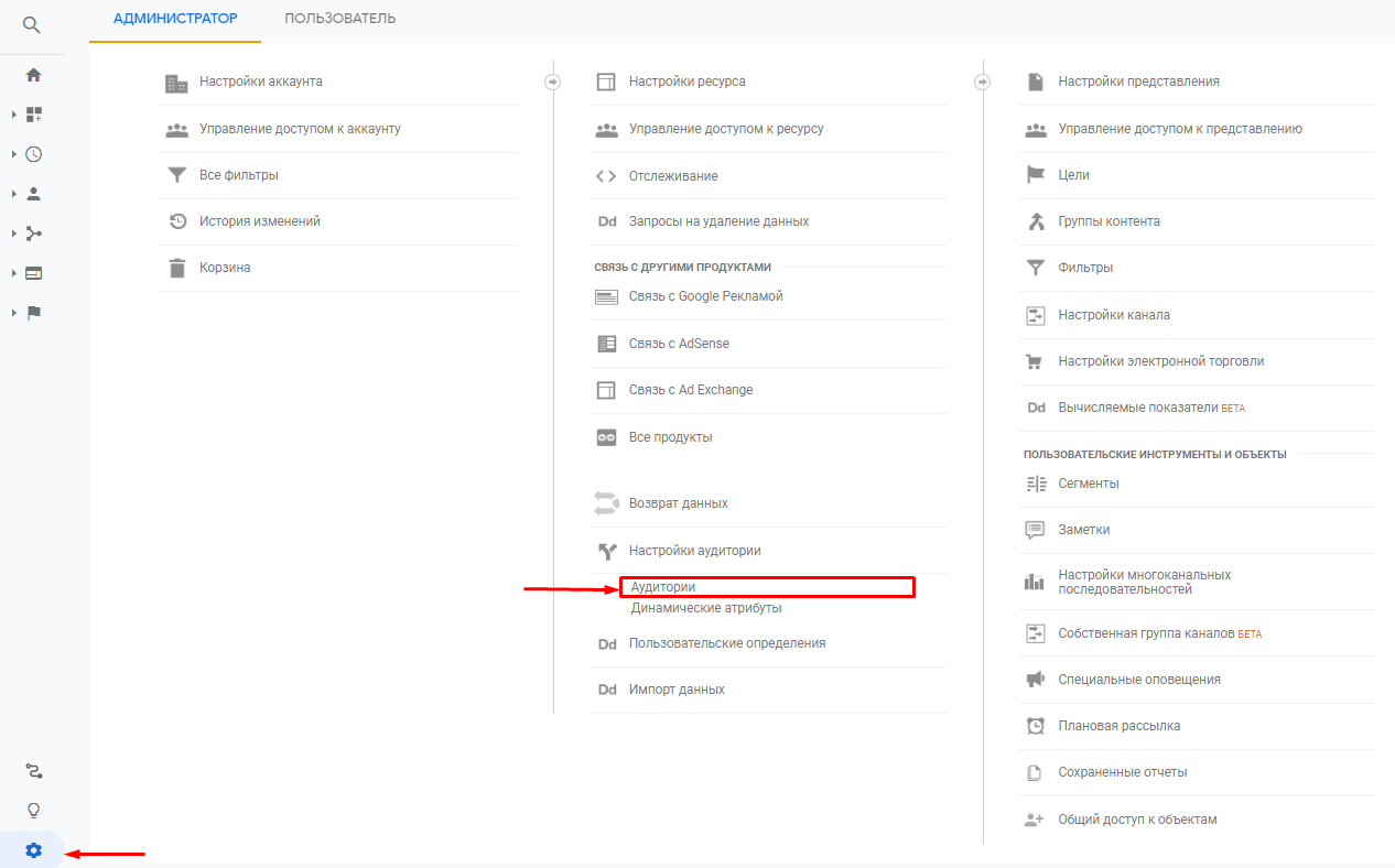 Переход в «Аудитории» в Google Analytics Переход в «Аудитории» в Google Analytics