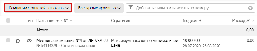 Пример кампании в «Яндекс.Директ» с оплатой за показы Пример кампании в «Яндекс.Директ» с оплатой за показы