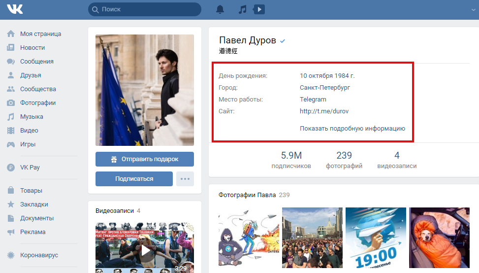 Пример страницы профиля VK Пример страницы профиля VK